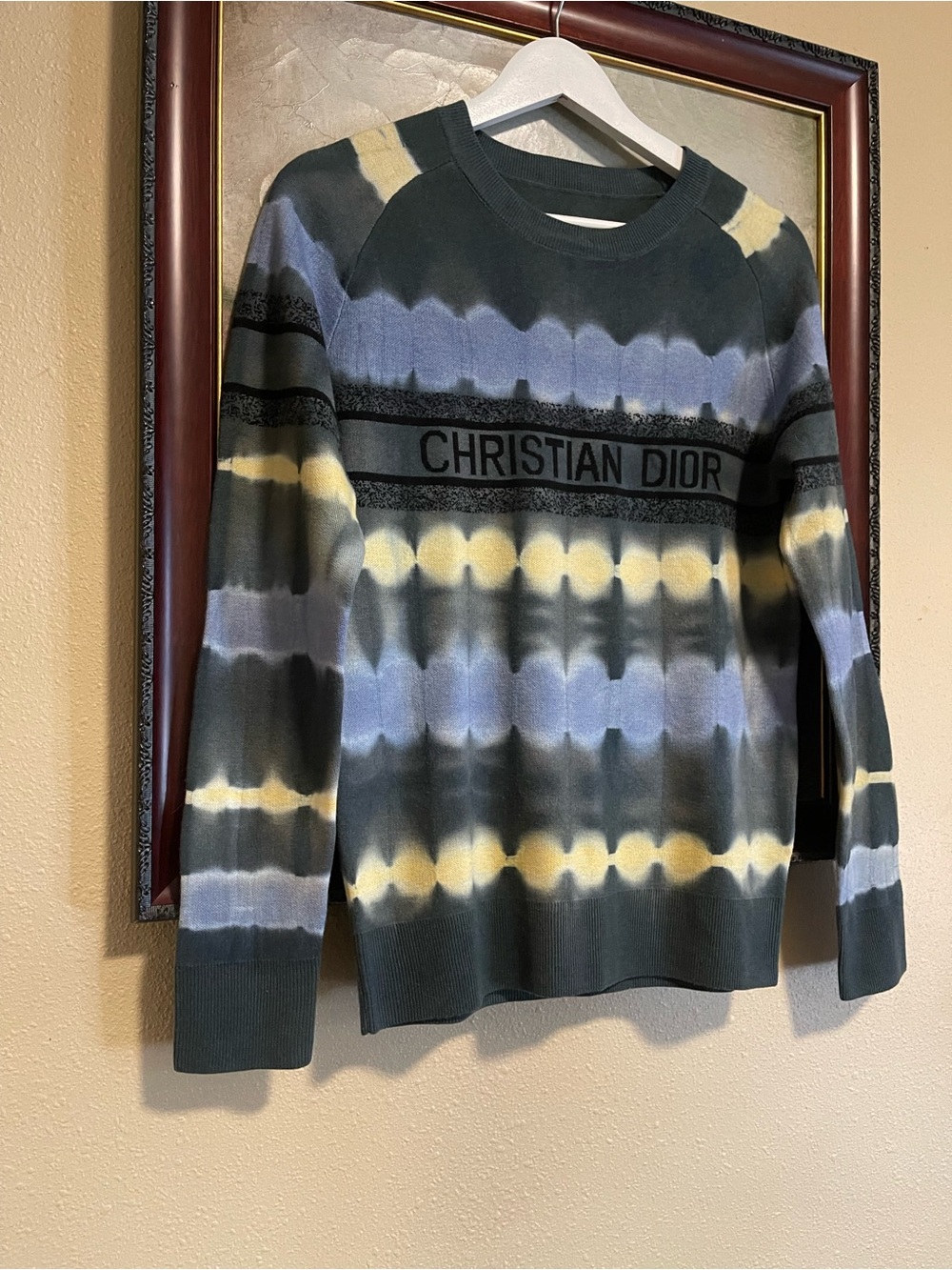 Dior Green Crewneck with Blue and Yellow Tie-Dye Stripes - Picture 3 of 9